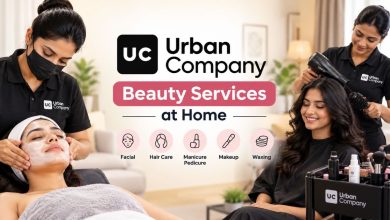 Urban Company beauty services at home, featuring professional beauticians providing facial and hair-care treatments in a comfortable home setting.