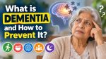 Elderly woman experiencing memory loss contrasted with a healthy older woman, with a brain graphic and icons representing exercise, healthy eating, mental activity, social connection, and sleep