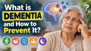 Elderly woman experiencing memory loss contrasted with a healthy older woman, with a brain graphic and icons representing exercise, healthy eating, mental activity, social connection, and sleep