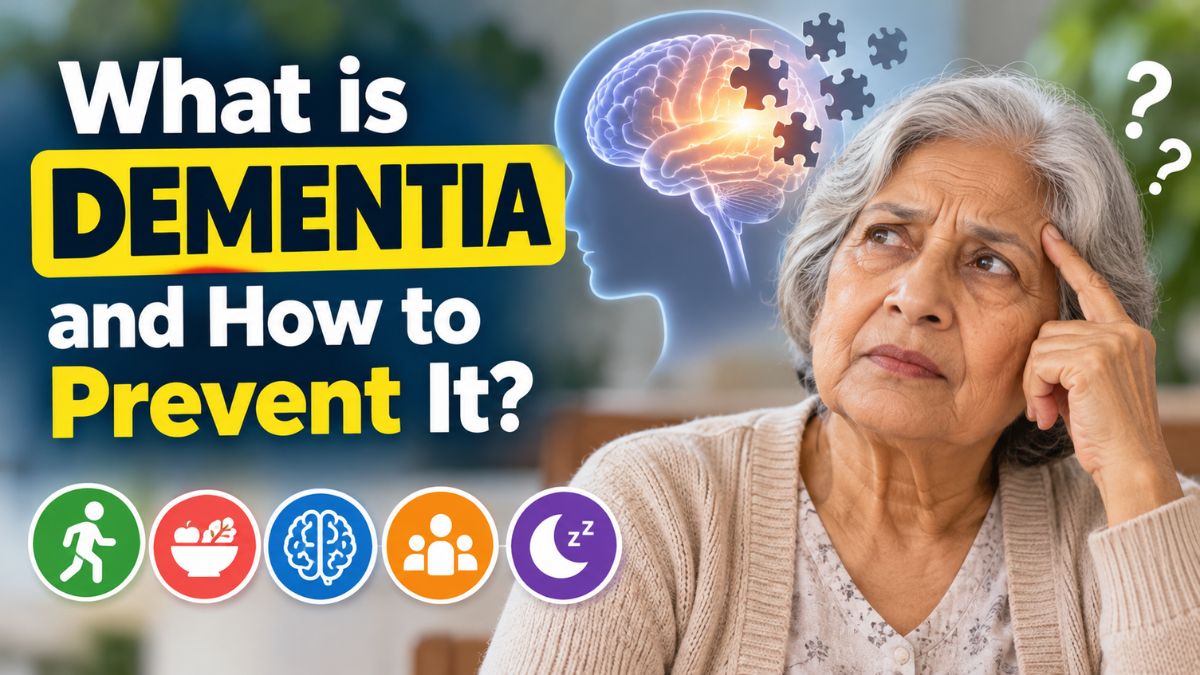 What is Dementia and How to Prevent It? 6 Elderly woman experiencing memory loss contrasted with a healthy older woman, with a brain graphic and icons representing exercise, healthy eating, mental activity, social connection, and sleep
