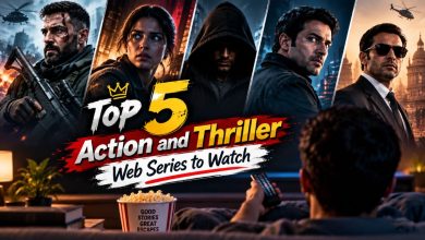 Cinematic action thriller thumbnail featuring five dramatic characters, with the heading “Top 5 Action and Thriller Web Series to Watch” and a viewer watching on a screen.