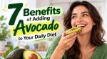 Woman eating avocado toast with fresh avocados, highlighting 7 benefits of adding avocado to your daily diet, including heart health, brain function, immunity, weight management, healthy skin, stronger bones, and digestion.