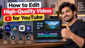 YouTube video editing workspace with a laptop showing a video editing timeline, a camera, editing software icons, and a creator giving a thumbs-up, illustrating how to edit high-quality videos for YouTube
