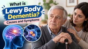 Older man with a caregiver and a brain illustration showing Lewy body dementia, with the heading “What is Lewy Body Dementia? Causes and Symptoms.”