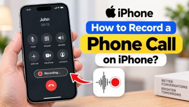 iPhone showing a phone call being recorded with a “Recording” indicator, alongside text explaining how to record a phone call on iPhone