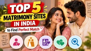 Top 5 Matrimony Sites in India to Find the Perfect Match – Indian couple and matchmaking icons representing the best matrimonial websites for finding a life partner online.
