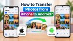 iPhone and Android smartphones displaying photo galleries with a transfer arrow between them, illustrating how to transfer photos from iPhone to Android