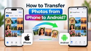 iPhone and Android smartphones displaying photo galleries with a transfer arrow between them, illustrating how to transfer photos from iPhone to Android